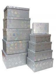 Набор из десяти прямоугольных подарочных коробок серебряного цвета, отделка матовой бумагой с тиснением "подарки", размер 37*28*17 см.