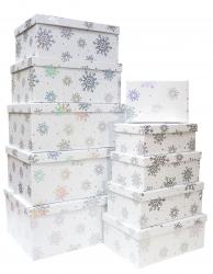 Набор из десяти новогодних прямоугольных подарочных коробок белого цвета, отделка матовой бумагой с тиснением "Снежинки", размер 37*28*17 см.