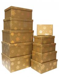 Набор из десяти новогодних прямоугольных подарочных коробок бронзового цвета, отделка матовой бумагой с тиснением "Снежинки", размер 37*28*17 см.