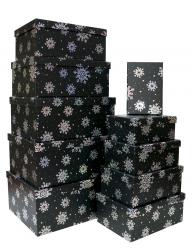 Набор из десяти новогодних прямоугольных подарочных коробок чёрного цвета, отделка матовой бумагой с тиснением "Снежинки", размер 37*28*17 см.