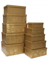 Набор из десяти прямоугольных подарочных коробок бронзового цвета, отделка матовой бумагой с тиснением "Розы", размер 37*28*17 см.
