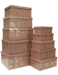 Набор из десяти прямоугольных подарочных коробок цвета капучино, отделка матовой бумагой с тиснением "Розы", размер 37*28*17 см.