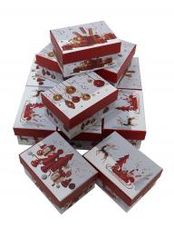 Набор из 12 прямоугольных новогодних подарочных коробок, отделка матовой бумагой с рисунком "Новогодние украшения", размер 10,5*7,5*5,5 см.