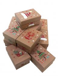 Набор из 12 прямоугольных новогодних подарочных коробок, отделка матовой бумагой с рисунком "Снежнки на бежевом фоне", размер 10,5*7,5*5,5 см.
