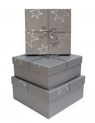 Набор из трёх квадратных подарочных коробок серого цвета с рисунком "Звёзды", размер 24*24*11 см.