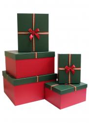 Набор из пяти подарочных коробок с бантом, отделка матово-перламутровой бумагой, крышка зелёного цвета, размер 40*35*21 см.