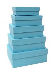 Набор из пяти прямоугольных подарочных коробок голубого цвета, отделка матовой однотонной бумагой, размер 21*16*8 см.