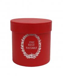 Подарочная круглая коробка красного цвета с тиснением, размер d11,5 * h12 см.