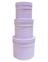 Набор из трёх круглых шляпных подарочных коробок светло-сиреневого цвета с ручками, отделка матовой бумагой, размер d 22* h 20 см.