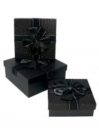 Набор из трёх чёрных квадратных подарочных коробок с бантом из ленты, отделка фактурной блестящей бумагой, размер 19*19*7,5 см.