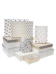 Набор из десяти белых прямоугольных подарочных коробок разных дизайнов, отделка матовой бумагой с тиснением, размер 37*27*11 см.