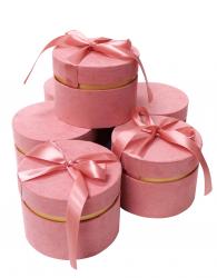 Круглые подарочные коробки розового цвета с бантом, тканевая отделка, размер d12 * h9 см.