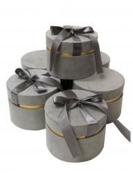 Круглые подарочные коробки серого цвета с бантом, тканевая отделка, размер d12 * h9 см.