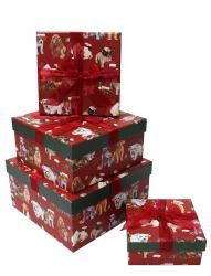 Набор из четырёх квадратных новогодних подарочных коробок, отделка матовой бумагой с рисунком "Щенки", размер 22*22*12 см.