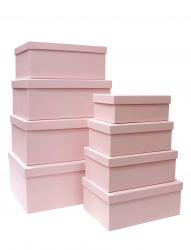 Набор из восьми однотонных прямоугольных подарочных коробок, отделка матовой бумагой светло-розового цвета, размер 33*24,5*14,5 см.