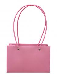 Бумажный пакет розово-малинового цвета с цветными ручками для букетов, размер 22см*10,5см х высота 13,5см