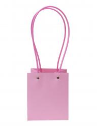 Бумажный пакет розового цвета с цветными ручками для букетов, размер 12,5см*13см х высота 15см