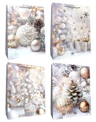 Бумажные новогодние подарочные пакеты из плотной матовой бумаги с серебряным тиснением, серия "Украшения блеск", размер 30*40*12 см.