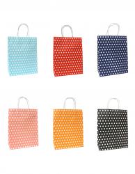 Цветные подарочные бумажные пакеты-сумки с бумажной ручкой, серия "Мелкий горошек", размер 15*21*8 см.