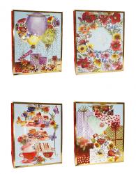Бумажные подарочные пакеты из матовой бумаги с золотым тиснением и рисунком, серия "Праздничное настроение", размер 31*42*12 см.