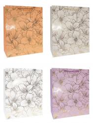 Бумажные подарочные однотонные пакеты-сумки с рисунком тиснением, серия "Золотые цветы", размер 31*42*12 см.