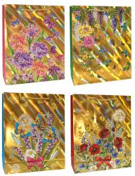 Бумажные подарочные пакеты из плотной бумаги с голографическим эффектом и рисунком, серия "Цветы на золоте", размер 26*32*10 см.
