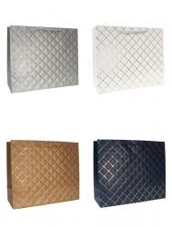 Бумажные подарочные однотонные горизонтальные пакеты-сумки с золотым тиснением, серия "Золотая сеточка", размер 31*26*12 см.