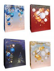 Новогодние бумажные подарочные пакеты-сумки, серия "Новогодние шары", размер 26*32*10