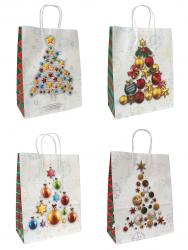 Новогодние подарочные крафт пакеты-сумки с бумажной ручкой, серия "Ёлочки на белом фоне", размер 25,5*33*12,5 см.