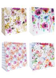Бумажные матовые подарочные пакеты с рисунком, серия "Цветы акварель", размер 37*37*18
