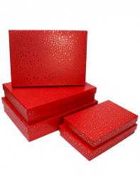 Набор из пяти плоских прямоугольных подарочных коробок красного цвета, отделка матовой бумагой с тиснением, размер 40*30,5*8,5 см.