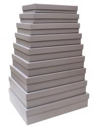 Набор из девяти плоских прямоугольных подарочных коробок светло-серого цвета, отделка матовой бумагой, размер 44*34,5*9,5 см.
