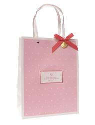 Бумажные подарочные пакеты из плотной матовой бумаги розового цвета с ручками из эко-пластика, серия "Горошек люкс", размер 24*31*13 см.