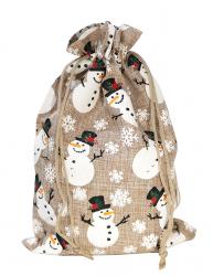 Мешочки новогодние из ткани "лён" с перламутровым блеском и рисунком "Снеговики" на завязках, размер 16см. х 23см.