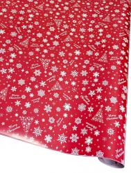Новогодняя подарочная дизайнерская бумага в листах 70см х 100см с рисунком "снежинки на красном фоне".